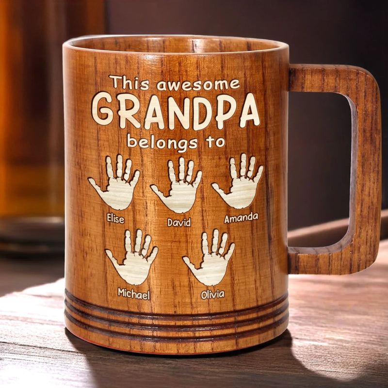 This Awesome Grandpa Belongs To His Crew - Family Personalized Custom Wooden Mug - Father's Day, Gift For Dad, Grandpa