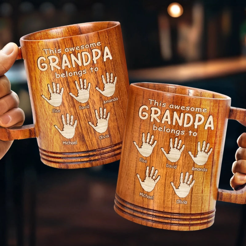 This Awesome Grandpa Belongs To His Crew - Family Personalized Custom Wooden Mug - Father's Day, Gift For Dad, Grandpa