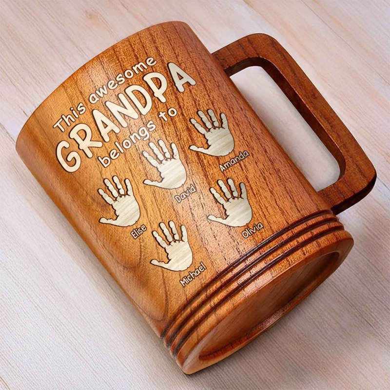This Awesome Grandpa Belongs To His Crew - Family Personalized Custom Wooden Mug - Father's Day, Gift For Dad, Grandpa