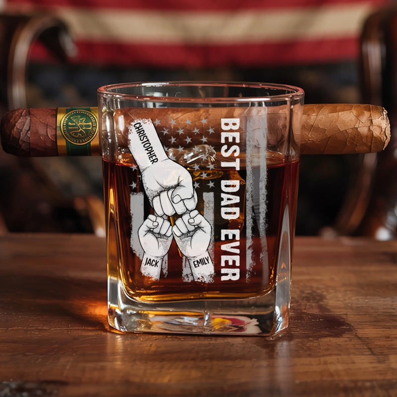 Certified Awesome Dad - Family Personalized Custom Whiskey Glass With Cigarette Holder - Father's Day, Gift For Dad, Grandpa