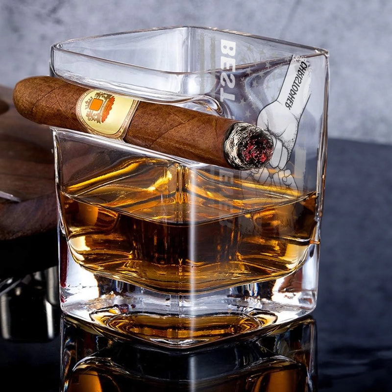Certified Awesome Dad - Family Personalized Custom Whiskey Glass With Cigarette Holder - Father's Day, Gift For Dad, Grandpa