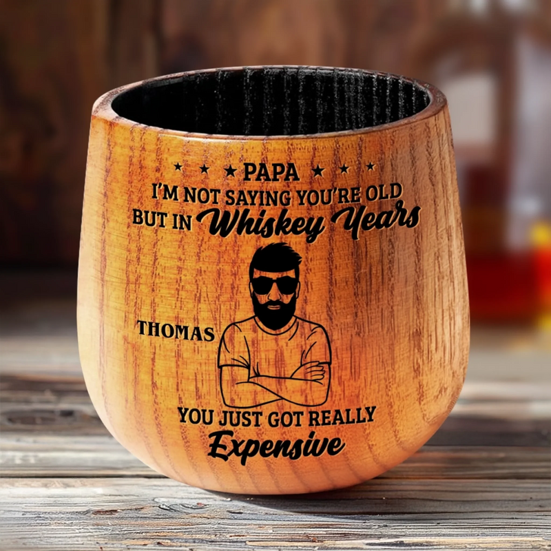 Aged Whiskey, Vintage Dad Jokes Included - Family Personalized Custom Wooden Whiskey Glass - Father's Day, Gift For Dad, Grandpa