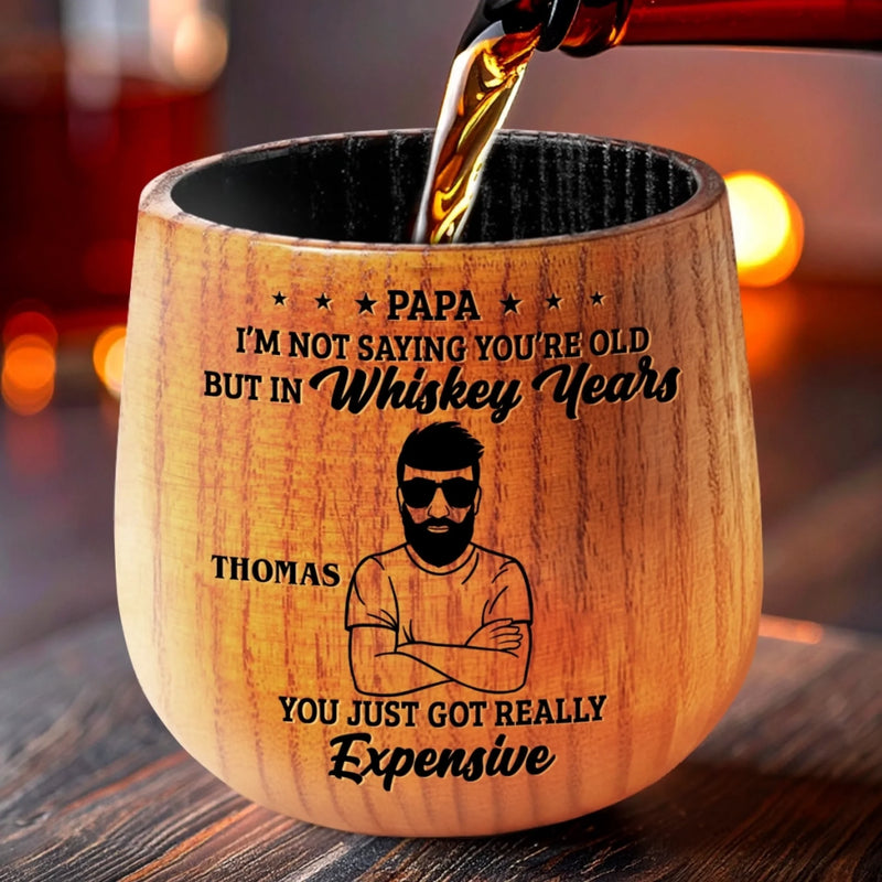 Aged Whiskey, Vintage Dad Jokes Included - Family Personalized Custom Wooden Whiskey Glass - Father's Day, Gift For Dad, Grandpa