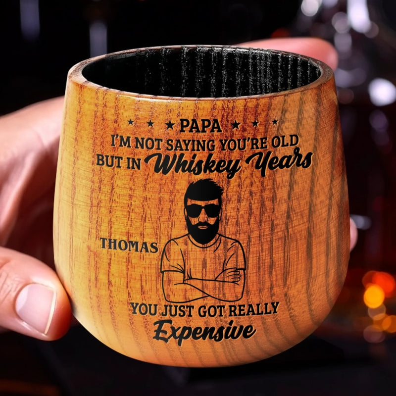 Aged Whiskey, Vintage Dad Jokes Included - Family Personalized Custom Wooden Whiskey Glass - Father's Day, Gift For Dad, Grandpa