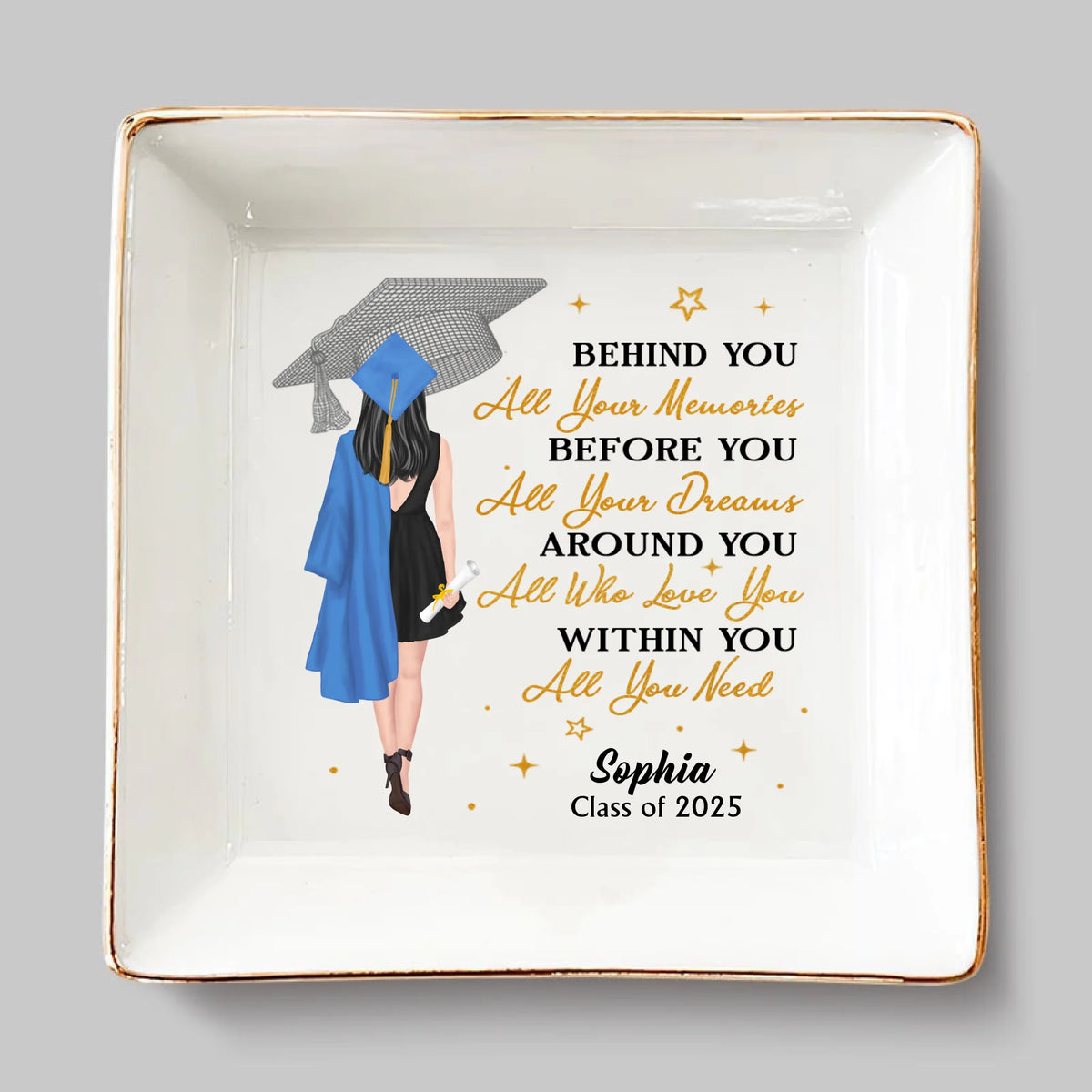 Started With A Dream, Ended With A Cap - Family  Personalized Custom Jewelry Dish - Graduation Gift For Family Members, Siblings, Brothers, Sisters, Best Friends