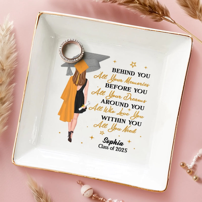Started With A Dream, Ended With A Cap - Family  Personalized Custom Jewelry Dish - Graduation Gift For Family Members, Siblings, Brothers, Sisters, Best Friends