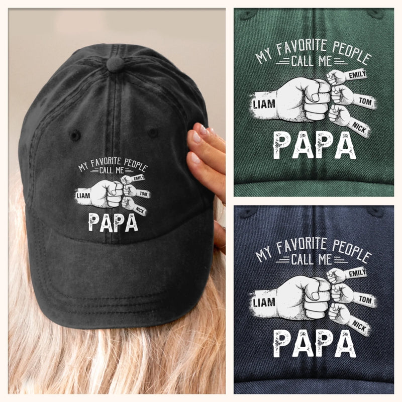 Papa’s Love, Wrapped Around Our Little Hands - Family Personalized Custom Vintage Washed Denim Baseball Cap - Father's Day, Gift For Dad, Grandpa
