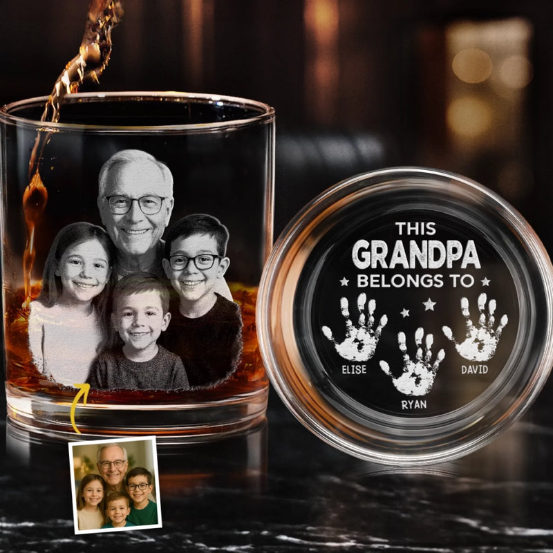 Custom Photo Built With Love, Powered By Grandkids - Family Personalized Custom Whiskey Glass With Bottom And Side Engraving - Father's Day, Gift For Dad, Grandpa