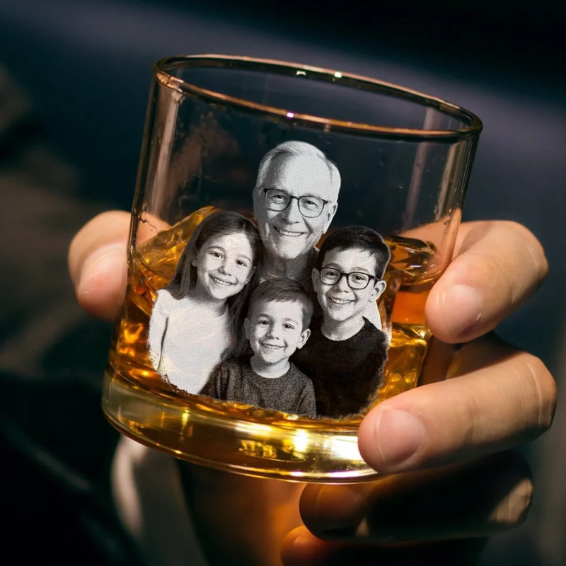 Custom Photo Built With Love, Powered By Grandkids - Family Personalized Custom Whiskey Glass With Bottom And Side Engraving - Father's Day, Gift For Dad, Grandpa