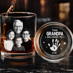 Custom Photo Built With Love, Powered By Grandkids - Family Personalized Custom Whiskey Glass With Bottom And Side Engraving - Father's Day, Gift For Dad, Grandpa