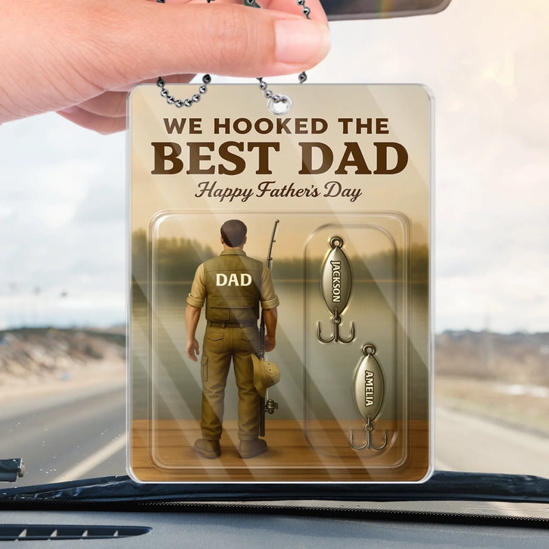 From Our Hooks To Your Heart - Family Personalized Custom Car Ornament - Acrylic Custom Shaped - Father's Day, Gift For Dad, Grandpa, Fishing Lovers, Fishermen