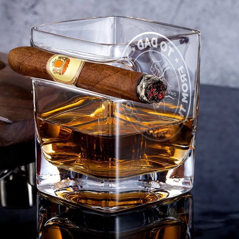 To Dad, From The Reasons You Drink - Family Personalized Custom Whiskey Glass With Cigarette Holder - Father's Day, Gift For Dad, Grandpa
