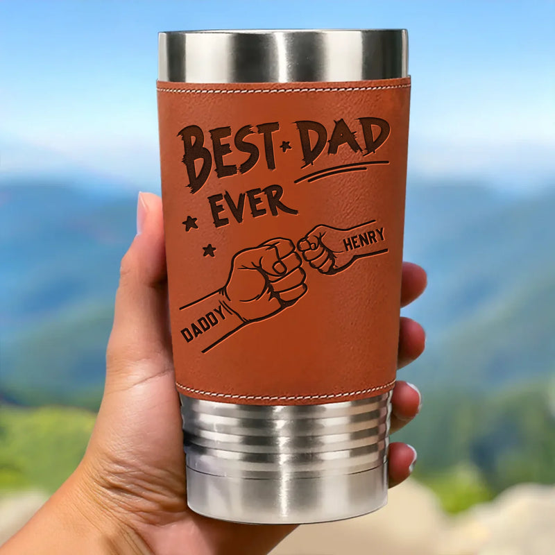 From Tiny Fingers To Forever Memories - Family Personalized Custom Printed Leather Tumbler - Father's Day, Gift For Dad, Grandpa, Family Members