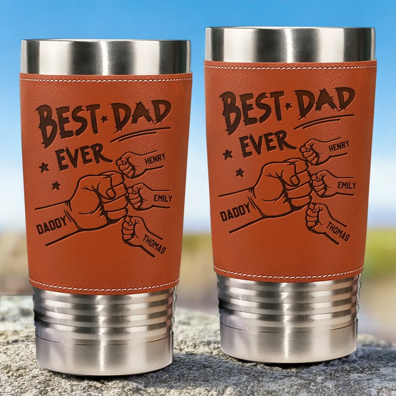From Tiny Fingers To Forever Memories - Family Personalized Custom Printed Leather Tumbler - Father's Day, Gift For Dad, Grandpa, Family Members