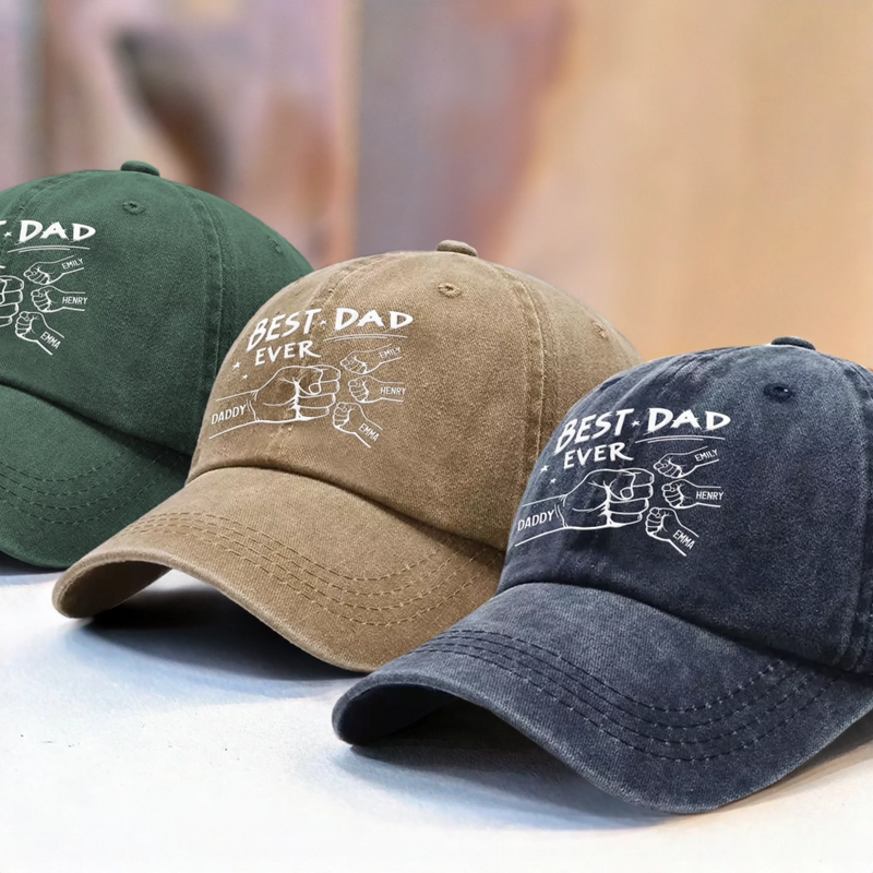Hands Down, World's Best Dad - Family Personalized Custom Vintage Washed Denim Baseball Cap - Father's Day, Gift For Dad, Grandpa, Family Members