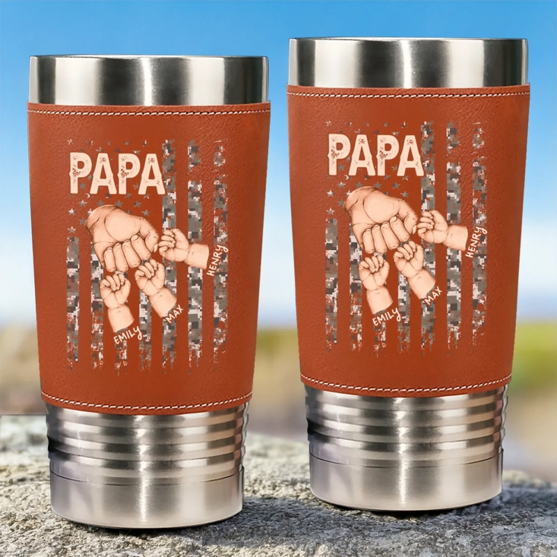 The Hand That Guides Us - Family Personalized Custom Printed Leather Tumbler - Father's Day, Gift For Dad, Grandpa, Family Members