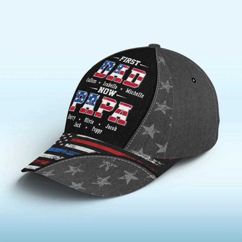 First Dad, Now Grandpa - Family Personalized Custom Hat, All Over Print Classic Cap - Father's Day, Gift For Dad, Grandpa