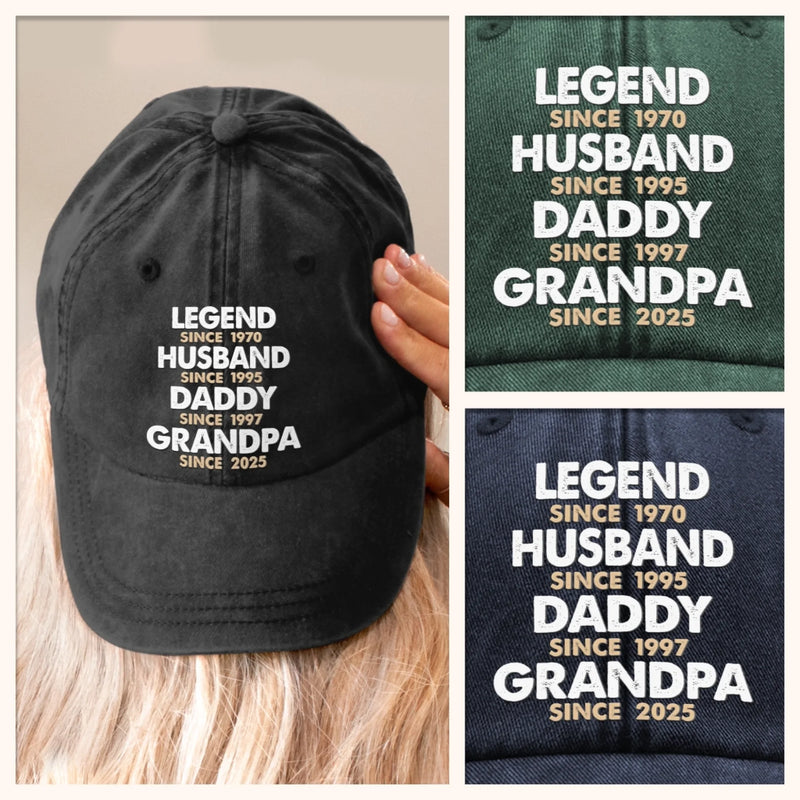 Built To Be A Legend - Family Personalized Custom Vintage Washed Denim Baseball Cap - Father's Day, Gift For Dad, Grandpa
