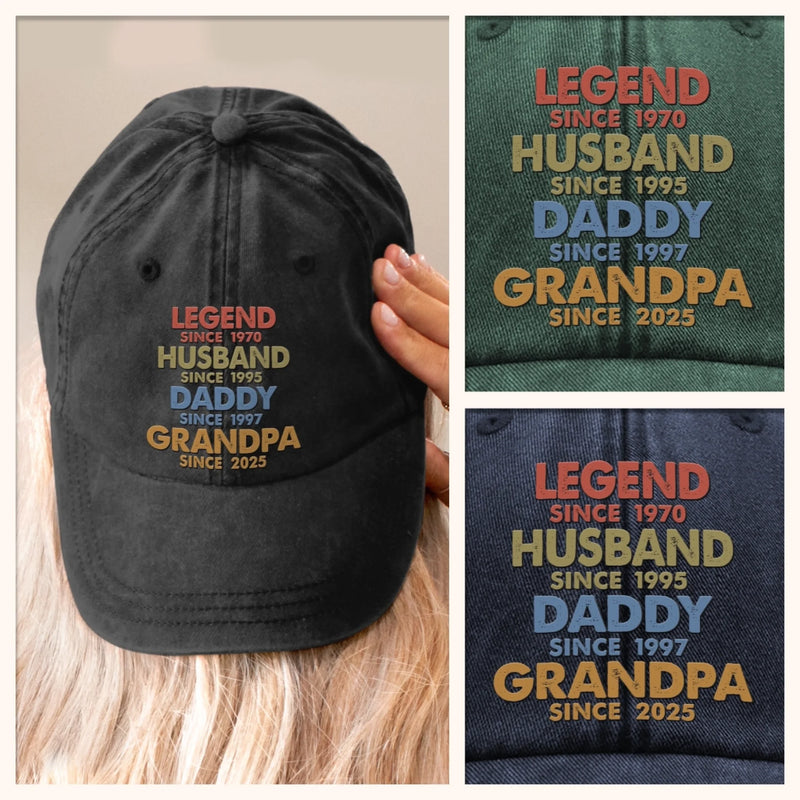 One Man Many Roles All Heart - Family Personalized Custom Vintage Washed Denim Baseball Cap - Father's Day, Gift For Dad, Grandpa