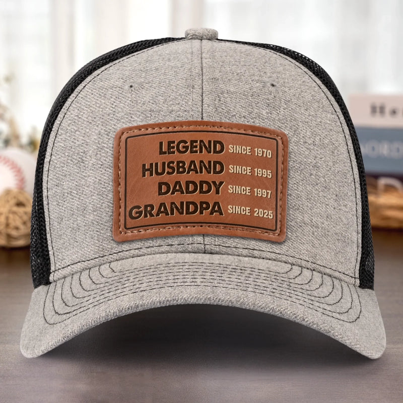 The Man, The Myth, The Generational Icon - Family Personalized Custom Leather Patch Hat - Father's Day, Gift For Dad, Grandpa