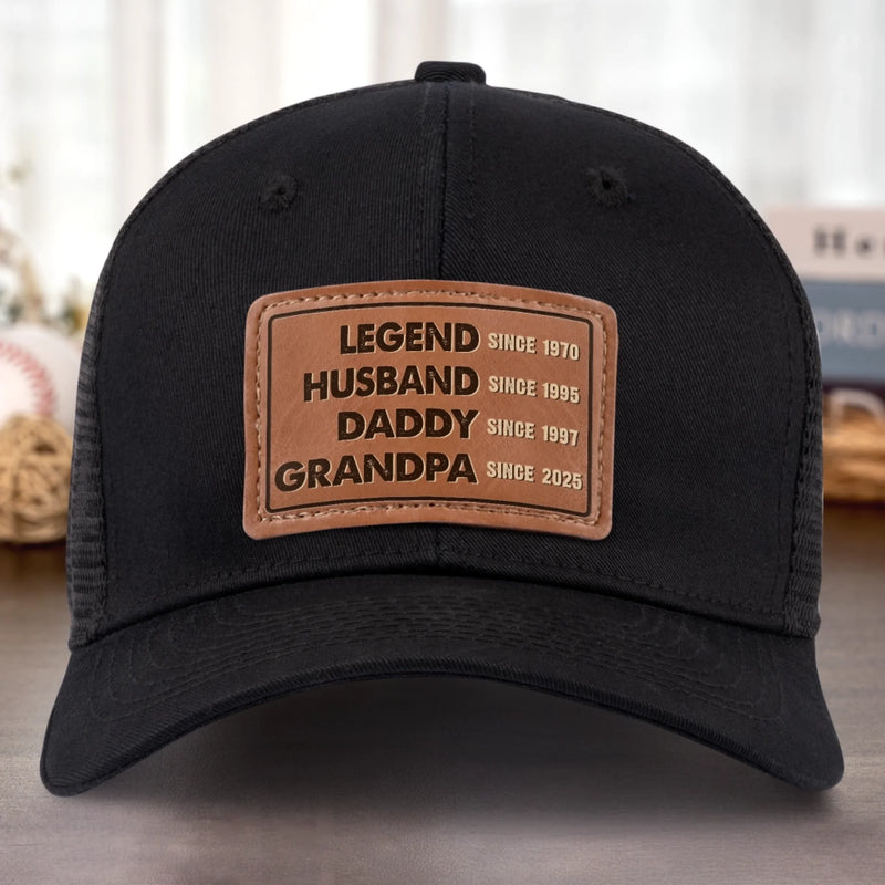 The Man, The Myth, The Generational Icon - Family Personalized Custom Leather Patch Hat - Father's Day, Gift For Dad, Grandpa