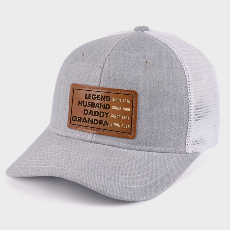The Man, The Myth, The Generational Icon - Family Personalized Custom Leather Patch Hat - Father's Day, Gift For Dad, Grandpa