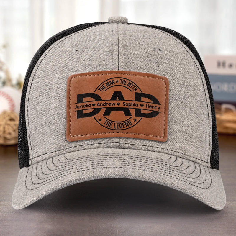 Father First Always Hero - Family Personalized Custom Leather Patch Hat - Father's Day, Gift For Dad, Grandpa