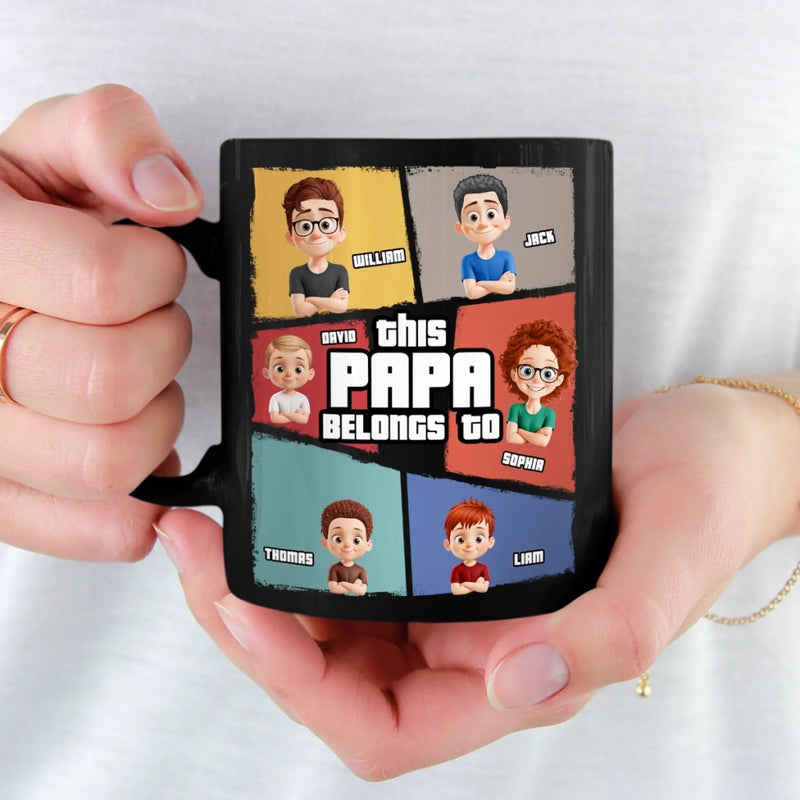 This Papa Belongs To - Family Personalized Custom Black Mug - Father's Day, Gift For Dad, Grandpa