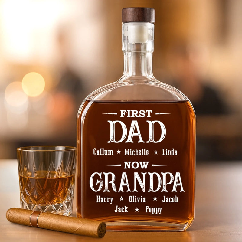 First Dad Now The Favorite - Family Personalized Custom Whiskey Bottle - Father's Day, Gift For Dad, Grandpa