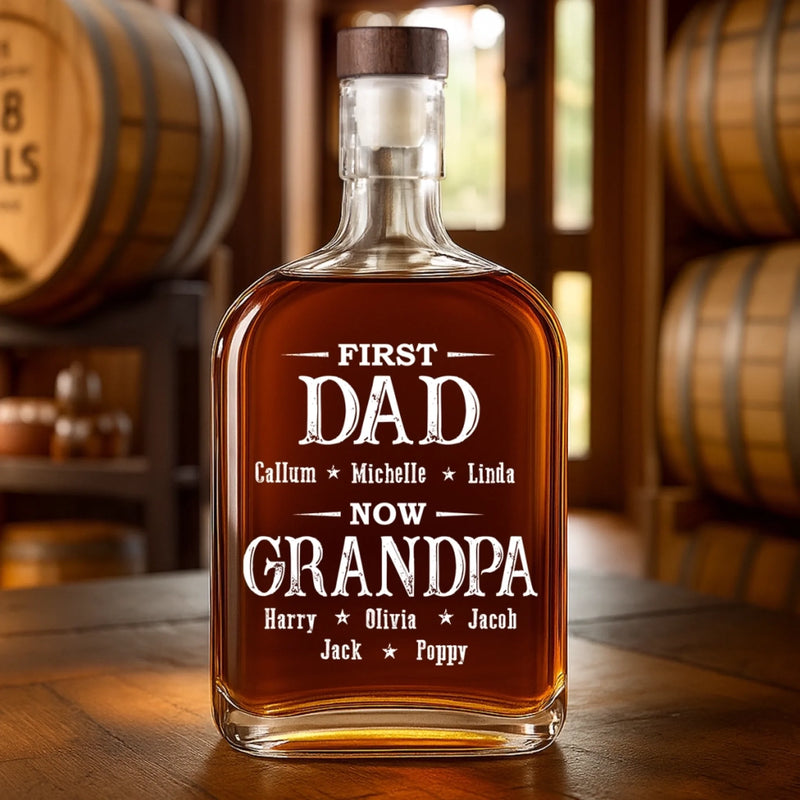 First Dad Now The Favorite - Family Personalized Custom Whiskey Bottle - Father's Day, Gift For Dad, Grandpa