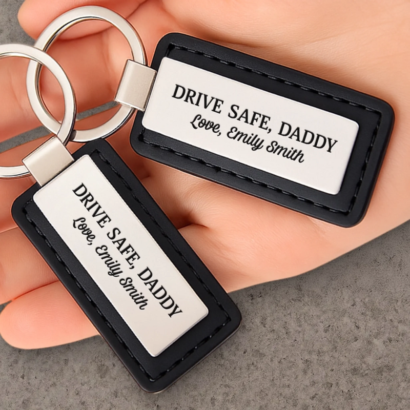 Drive Safe, Daddy - Family Personalized Custom Metal With Leather Keychain - Father's Day, Gift For Dad, Grandpa