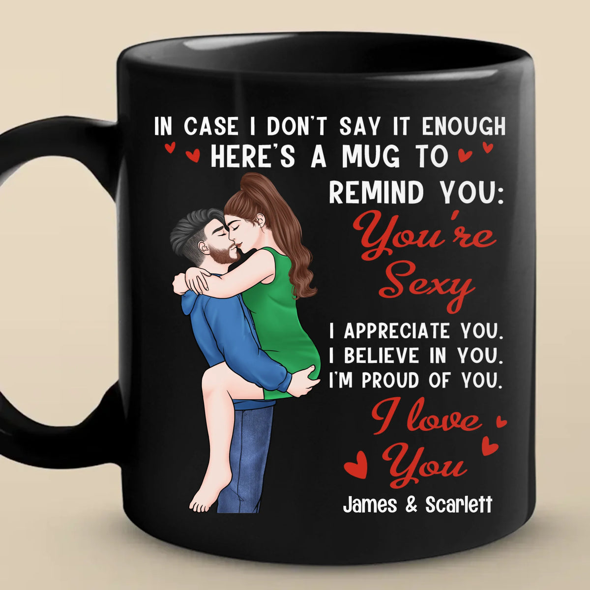 Je t'aime plus chaque jour - Tasse noire personnalisée pour couple - Cadeau pour mari et femme, anniversaire