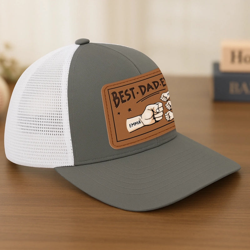 In Papa’s Grip, We Feel Safe - Family Personalized Custom Leather Patch Snapback - Father's Day, Gift For Dad, Grandpa