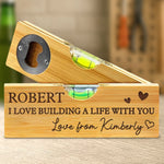 Our Love Is Always Level - Couple Personalized Custom Engraved Wooden Bottle Opener With Built-in Spirit Level - Gift For Husband, Wife