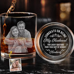 Custom Photo Cheers To The Man Who Won The Jackpot - Couple Personalized Custom Whiskey Glass With Bottom And Side Engraving - Gift For Husband, Wife, Couple