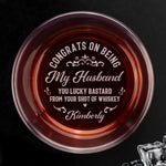 Custom Photo Cheers To The Man Who Won The Jackpot - Couple Personalized Custom Whiskey Glass With Bottom And Side Engraving - Gift For Husband, Wife, Couple