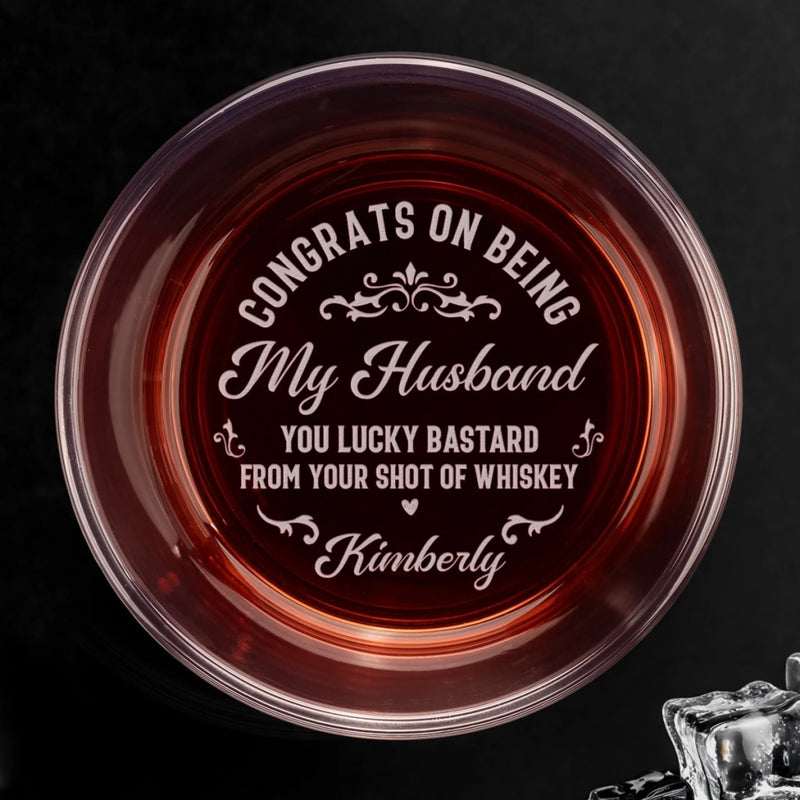 Custom Photo Cheers To The Man Who Won The Jackpot - Couple Personalized Custom Whiskey Glass With Bottom And Side Engraving - Gift For Husband Wife, Anniversary