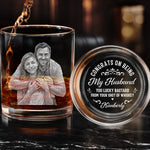 Custom Photo Cheers To The Man Who Won The Jackpot - Couple Personalized Custom Whiskey Glass With Bottom And Side Engraving - Gift For Husband, Wife, Couple