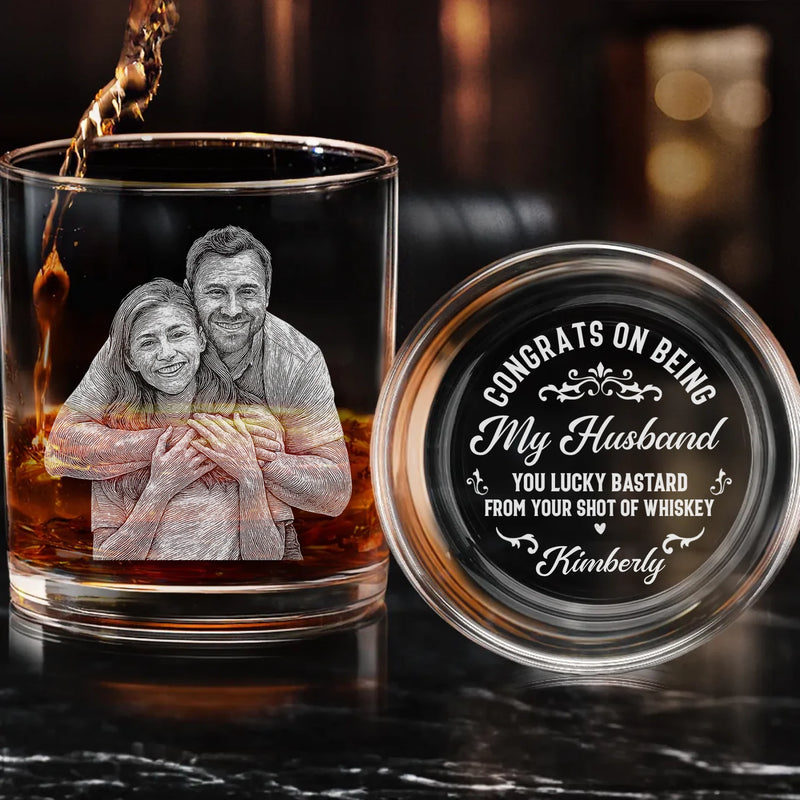 Custom Photo Cheers To The Man Who Won The Jackpot - Couple Personalized Custom Whiskey Glass With Bottom And Side Engraving - Gift For Husband Wife, Anniversary