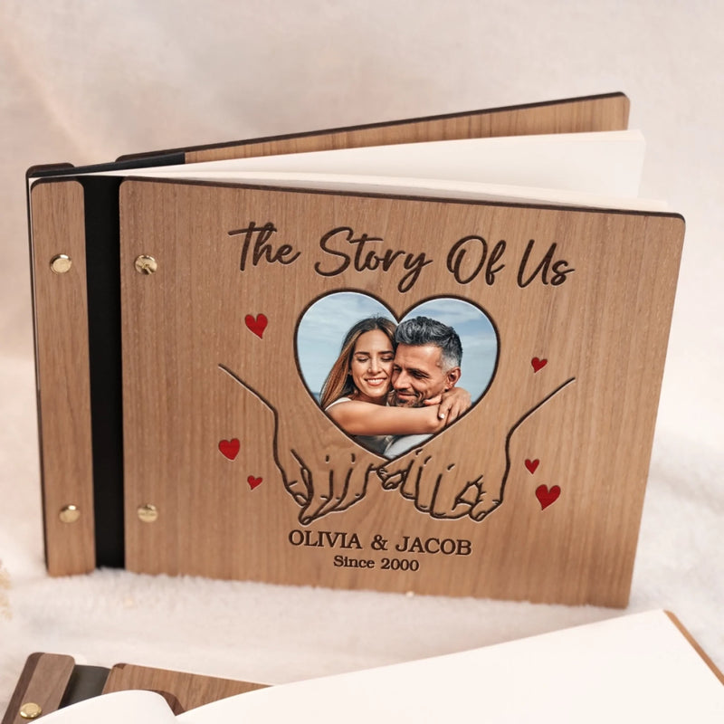 Custom Photo The Story Of Us - Couple Personalized Custom Wooden Scrapbook - Gift For Husband Wife, Anniversary