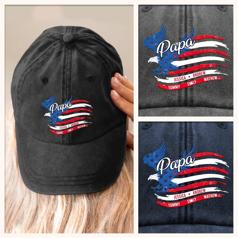 Forever Papa - Family Personalized Custom Vintage Washed Denim Baseball Cap US - 4th Of July, Gift For Dad, Grandpa