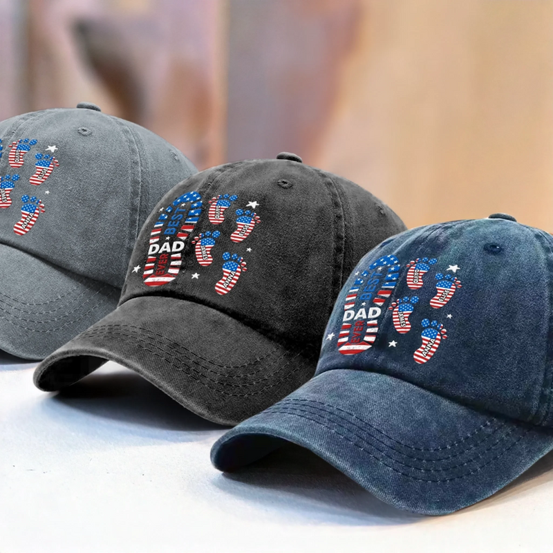 Coolest Papa In Town - Family Personalized Custom Vintage Washed Denim Baseball Cap US - 4th Of July, Gift For Dad, Grandpa