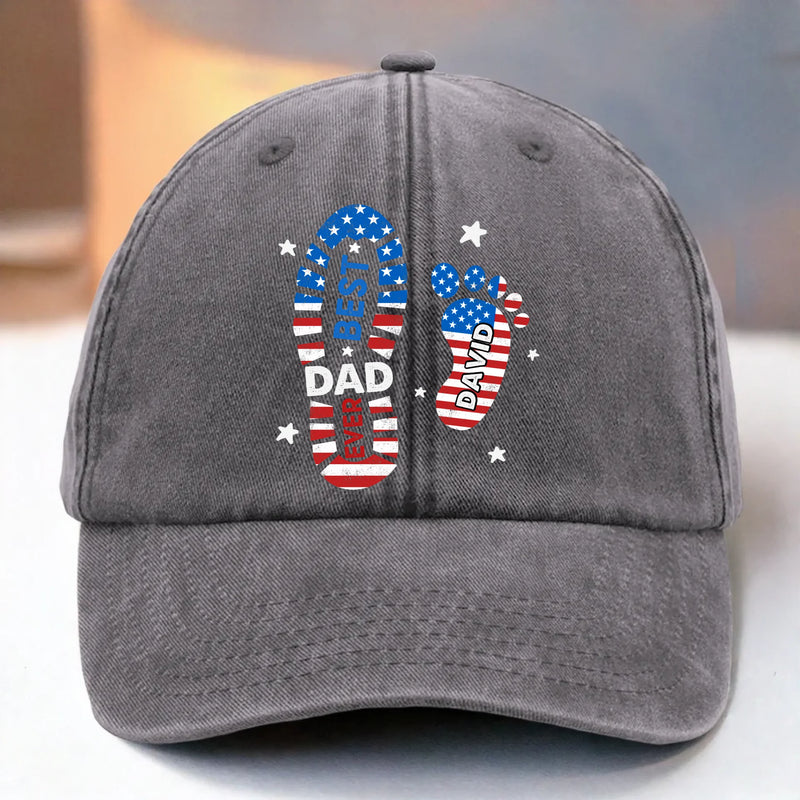 Coolest Papa In Town - Family Personalized Custom Vintage Washed Denim Baseball Cap US - 4th Of July, Gift For Dad, Grandpa