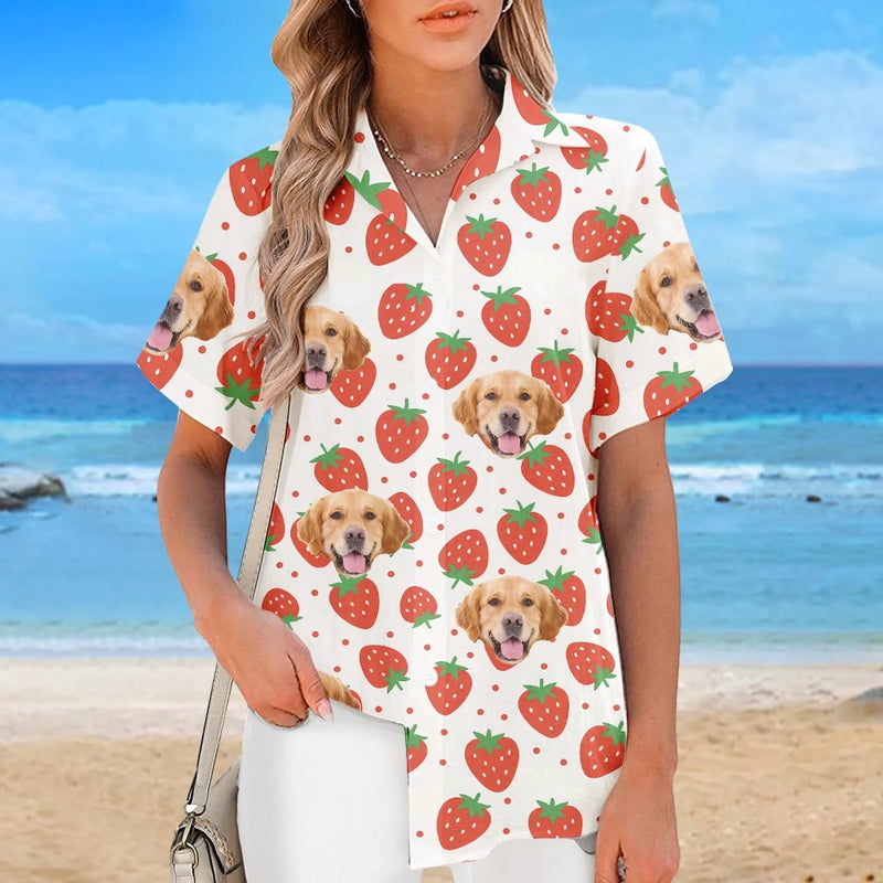 Custom Photo Strawberries And Smiles All Day - Dog & Cat Personalized Custom Unisex Tropical Hawaiian Aloha Shirt - Summer Vacation Gift, Gift For Pet Owners, Pet Lovers
