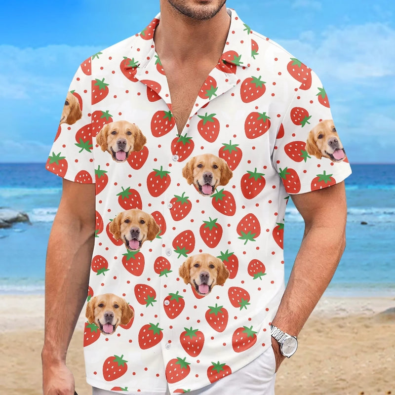 Custom Photo Strawberries And Smiles All Day - Dog & Cat Personalized Custom Unisex Tropical Hawaiian Aloha Shirt - Summer Vacation Gift, Gift For Pet Owners, Pet Lovers