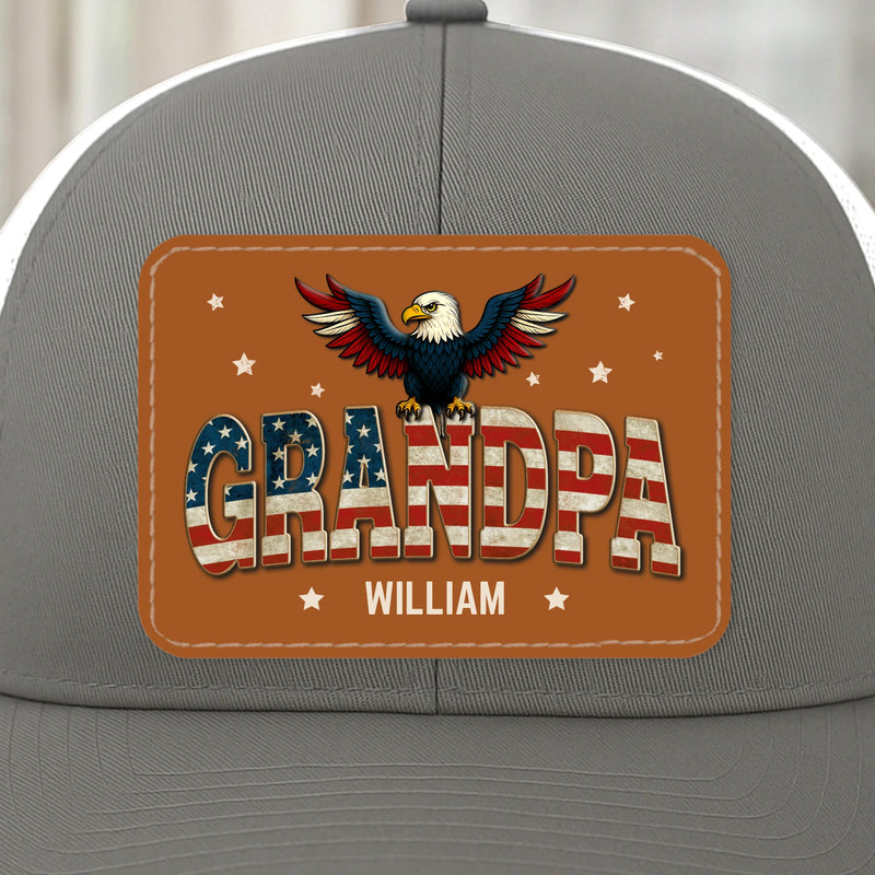 Built Like A Rock, Loves Like A Patriot - Family Personalized Custom Leather Patch Mesh Cap - 4th Of July, Gift For Dad, Grandpa