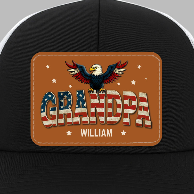 Built Like A Rock, Loves Like A Patriot - Family Personalized Custom Leather Patch Mesh Cap - 4th Of July, Gift For Dad, Grandpa