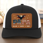Built Like A Rock, Loves Like A Patriot - Family Personalized Custom Leather Patch Mesh Cap - 4th Of July, Gift For Dad, Grandpa, Papa