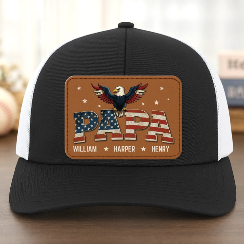 Built Like A Rock, Loves Like A Patriot - Family Personalized Custom Leather Patch Mesh Cap - 4th Of July, Gift For Dad, Grandpa
