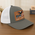 Built Like A Rock, Loves Like A Patriot - Family Personalized Custom Leather Patch Mesh Cap - 4th Of July, Gift For Dad, Grandpa, Papa